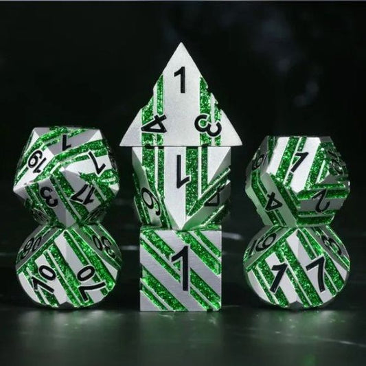 Galactic Dice Premium Dice Sets - Silver & Green Stripes Set of 7 Dice with Tin | Galactic Toys & Collectibles