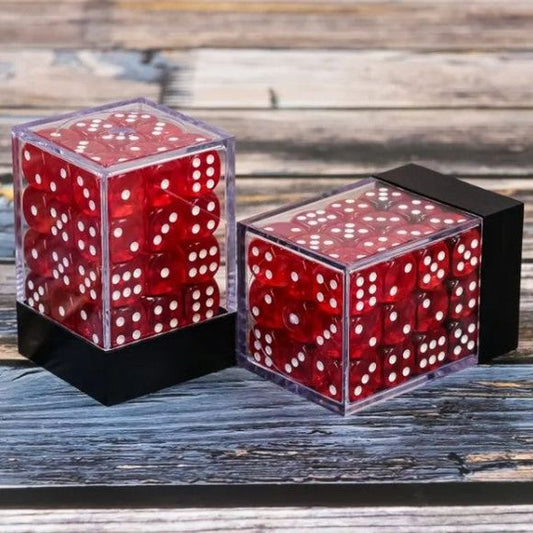 36 individual D6 dice in a container.