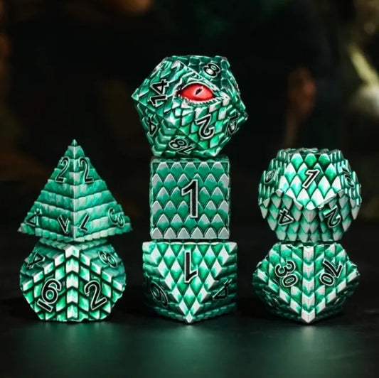 The perfect companion for your gaming needs! These premium die-cast polyhedral dice are exactly what you've been searching for that upcoming game night with the group. Each set weighs roughly 5 ounces and are stored in a quality, brushed metal tin with foam insert. These dice are engraved with crisp, easy-to-read numerals. Many styles and colors are available.

This set includes one of each: d20, d12, d10, d10 (percentile), d8, d6, and a d4 (7 dice in total). All inside a premium Dice Tin.