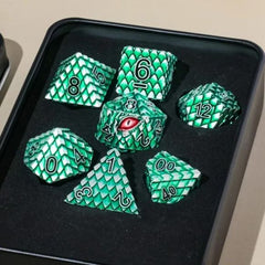 Galactic Dice Premium Dice Sets - Silver & Green Dragon Set of 7 Metal Dice with Tin