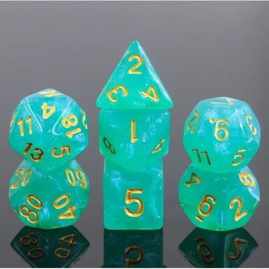 Galactic Dice Acrylic HD Dice Sets - Teal Water (Jade & Gold) Set of 7 Dice | Galactic Toys & Collectibles