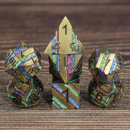 The perfect companion for your gaming needs! These premium die-cast polyhedral dice are exactly what you've been searching for that upcoming game night with the group. Each set weighs roughly 5 ounces and are stored in a quality, brushed metal tin with foam insert. These dice are engraved with crisp, easy-to-read numerals. Many styles and colors are available.

This set includes one of each: d20, d12, d10, d10 (percentile), d8, d6, and a d4 (7 dice in total). All inside a premium Dice Tin.