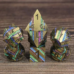 The perfect companion for your gaming needs! These premium die-cast polyhedral dice are exactly what you've been searching for that upcoming game night with the group. Each set weighs roughly 5 ounces and are stored in a quality, brushed metal tin with foam insert. These dice are engraved with crisp, easy-to-read numerals. Many styles and colors are available.

This set includes one of each: d20, d12, d10, d10 (percentile), d8, d6, and a d4 (7 dice in total). All inside a premium Dice Tin.