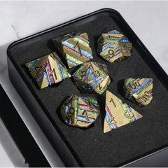 Galactic Dice Premium Dice Sets - Gold Rainbow Stripe Set of 7 Metal Dice with Tin