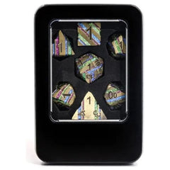 Galactic Dice Premium Dice Sets - Gold Rainbow Stripe Set of 7 Metal Dice with Tin