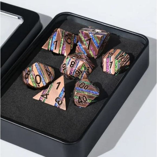 Galactic Dice Premium Dice Sets - Meteor Flashes (Copper Rainbow Stripe) Set of 7 Metal Dice with Tin
