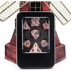 Galactic Dice Premium Dice Sets - Meteor Flashes (Copper Rainbow Stripe) Set of 7 Metal Dice with Tin