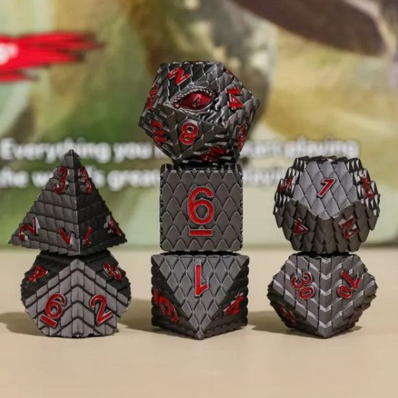 The perfect companion for your gaming needs! These premium die-cast polyhedral dice are exactly what you've been searching for that upcoming game night with the group. Each set weighs roughly 5 ounces and are stored in a quality, brushed metal tin with foam insert. These dice are engraved with crisp, easy-to-read numerals. Many styles and colors are available.

This set includes one of each: d20, d12, d10, d10 (percentile), d8, d6, and a d4 (7 dice in total). All inside a premium Dice Tin.