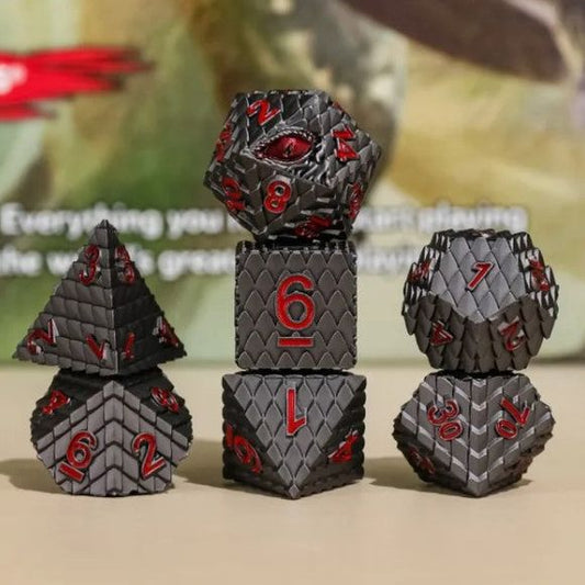 The perfect companion for your gaming needs! These premium die-cast polyhedral dice are exactly what you've been searching for that upcoming game night with the group. Each set weighs roughly 5 ounces and are stored in a quality, brushed metal tin with foam insert. These dice are engraved with crisp, easy-to-read numerals. Many styles and colors are available.

This set includes one of each: d20, d12, d10, d10 (percentile), d8, d6, and a d4 (7 dice in total). All inside a premium Dice Tin.