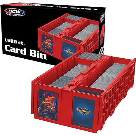 The BCW Card Bin is a premium version of the cardboard, 2-row Shoe Box. Instead of corrugated cardboard, Card Bins are made from durable, acid-free plastic. These Card Bins have a pair of hinged lids that fold over the sides when open. When closed, latches keep the lids shut and cards secure. Card Bins are stackable with feet on the bottom that rest in the lid of the bin below it to prevent sliding. The rows in the bins are notched along the top to hold separating partitions. Two Card Bin Partitions come wi