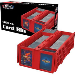 The BCW Card Bin is a premium version of the cardboard, 2-row Shoe Box. Instead of corrugated cardboard, Card Bins are made from durable, acid-free plastic. These Card Bins have a pair of hinged lids that fold over the sides when open. When closed, latches keep the lids shut and cards secure. Card Bins are stackable with feet on the bottom that rest in the lid of the bin below it to prevent sliding. The rows in the bins are notched along the top to hold separating partitions. Two Card Bin Partitions come wi