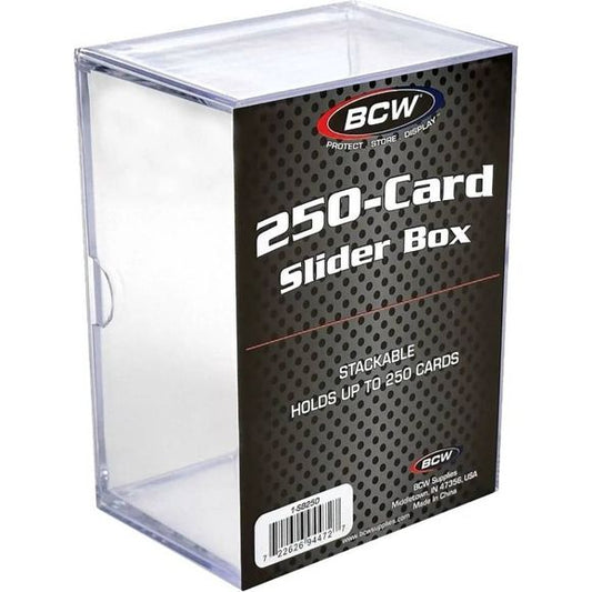 The BCW 2-Piece Slider Box is made of crystal clear, high impact polystyrene and features a friction fit design. Use this box to store, protect and display collectible trading cards like: baseball cards, basketball cards, football cards, Magic The Gathering, Yu-Gi-Oh, Pokemon, and others.