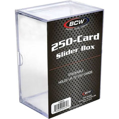 The BCW 2-Piece Slider Box is made of crystal clear, high impact polystyrene and features a friction fit design. Use this box to store, protect and display collectible trading cards like: baseball cards, basketball cards, football cards, Magic The Gathering, Yu-Gi-Oh, Pokemon, and others.