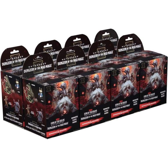 Icons of the realms: water deep: dungeon of the Mad mage standard boosters each contains four figures total: 1 large or 1 huge Figure and 3 medium or small figures.  8 Booster packages