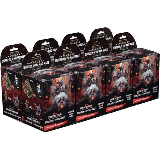 Icons of the realms: water deep: dungeon of the Mad mage standard boosters each contains four figures total: 1 large or 1 huge Figure and 3 medium or small figures.  8 Booster packages