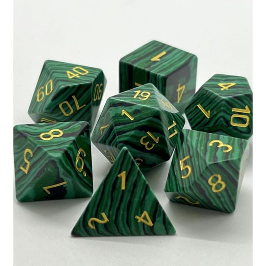 The perfect companion for your gaming needs! These premium, high-end cut stone polyhedral dice are exactly what you've been searching for that upcoming game night with the group. Each set weighs roughly 8 ounces and are stored in a quality, brushed metal tin with foam insert. These dice are imitation stone with nice weight to them and engraved each with crisp, easy-to-read numerals. Many styles and colors are available.

This set includes one of each: d20, d12, d10, d10 (percentile), d8, d6, and a d4 (7 dic