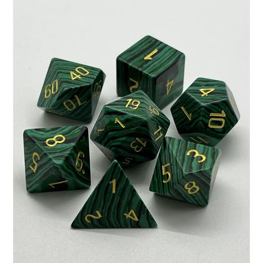Galactic Dice Premium Dice Sets - Malachite Set of 7 Dice with Tin
