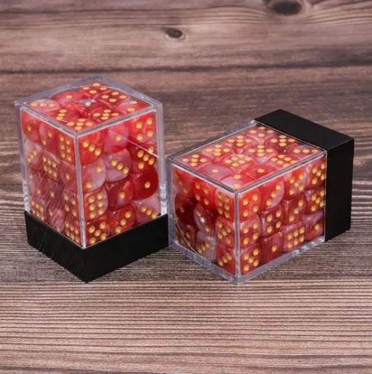 36 individual D6 dice in a container.