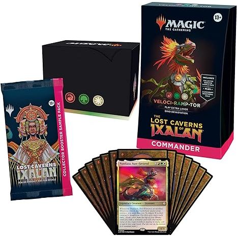 Includes 1 ready-to-play deck of 100 Magic cards (2 Traditional Foil Legendary cards, 98 nonfoil cards), a 2-card Collector Booster Sample Pack (contains 2 alt-border cards, with 1 Traditional Foil or nonfoil card of rarity Rare or higher and 1 Traditional Foil Uncommon card), 1 foil-etched Display Commander (a thick cardstock copy of the commander card with foil etched into the card’s border and art), 10 double-sided tokens, 1 deck box (can hold 100 sleeved cards), 1 Life Wheel, 1 strategy insert, and 1 re