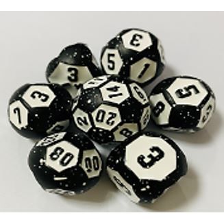 The perfect companion for your gaming needs! These premium die-cast polyhedral dice are exactly what you've been searching for that upcoming game night with the group. Each set weighs roughly 5 ounces and are stored in a quality, brushed metal tin with foam insert. These dice are engraved with crisp, easy-to-read numerals. Many styles and colors are available.

This set includes on of each: d20, d12, d10, d10 (percentile), d8, d6, and a d4 (7 dice in total). All inside the Galactic Toys Dice Tin.