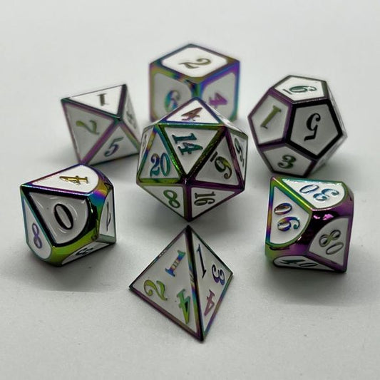 Galactic Dice Premium Dice Sets - NF Dice White & Rainbow (Ver 18) Set of 7 Dice with Tin | Galactic Toys & Collectibles