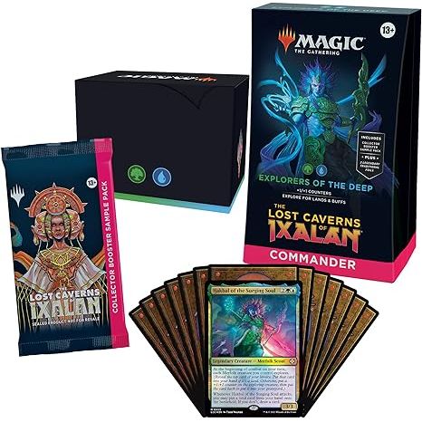 Includes 1 ready-to-play deck of 100 Magic cards (2 Traditional Foil Legendary cards, 98 nonfoil cards), a 2-card Collector Booster Sample Pack (contains 2 alt-border cards, with 1 Traditional Foil or nonfoil card of rarity Rare or higher and 1 Traditional Foil Uncommon card), 1 foil-etched Display Commander (a thick cardstock copy of the commander card with foil etched into the card’s border and art), 10 double-sided tokens, 1 deck box (can hold 100 sleeved cards), 1 Life Wheel, 1 strategy insert, and 1 re