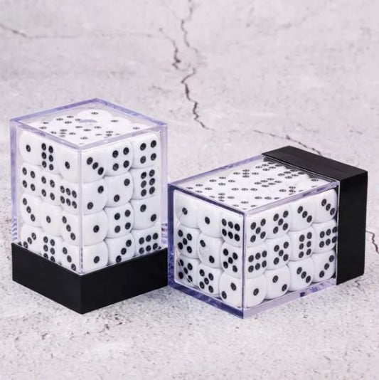 36 individual D6 dice in a container.