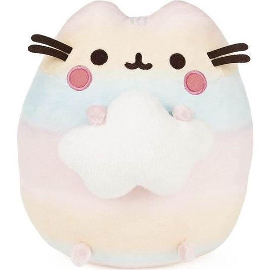 This special 9.5` full-size plush inspired by the mini version from Pusheen Surprise Plush Series 13: Rainbow features Pusheen with pastel rainbow plush that fades from one color softly into the next while she holds onto a fluffy white cloud.
