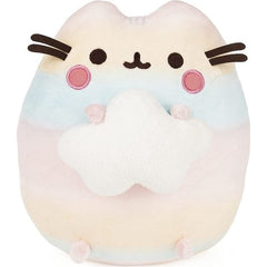 This special 9.5` full-size plush inspired by the mini version from Pusheen Surprise Plush Series 13: Rainbow features Pusheen with pastel rainbow plush that fades from one color softly into the next while she holds onto a fluffy white cloud.