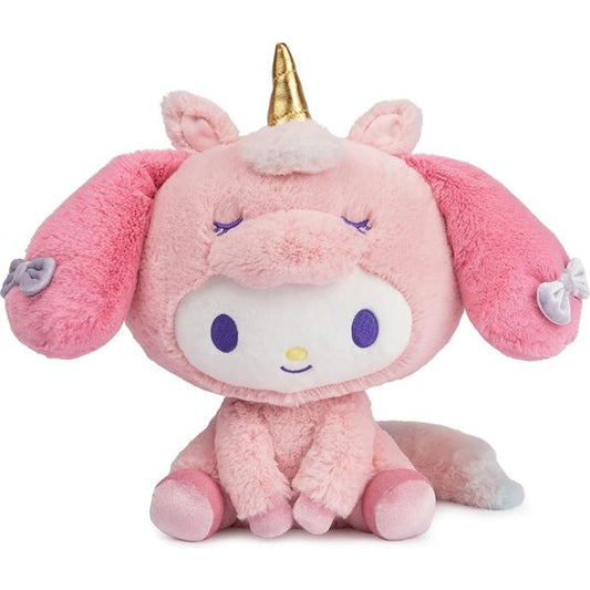 My Melody, Hello Kitty’s best friend, is a sweet honest white rabbit who always wears a pink hood knit by her beloved grandma. My Melody looks cuter than ever as a soft, cuddly pastel pink unicorn with rainbow details. This large 9.5-inch plush features the Sanrio star in a sitting pose, detailed with velvety-soft pink hooves that complement her vibrant pink bunny ears. Her eye-catching, shiny gold metallic horn, purple bows, and sleepy unicorn embroidered eye details make this plush a uniquely cute piece f