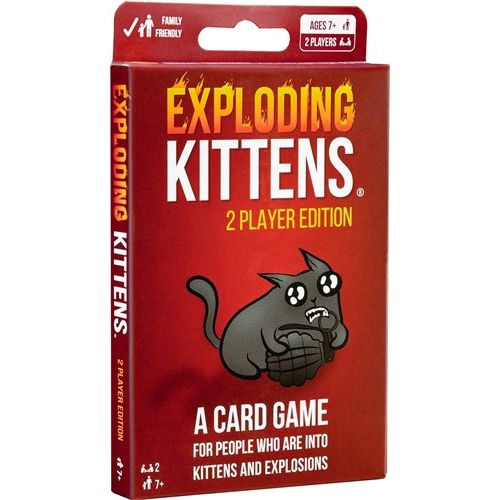 A 2-player card game for people who are into kittens and explosions and laser beams and sometimes goats. This compact 2-player edition of Exploding Kittens lets you go head to head with just one other person, whenever, wherever. Exploding Kittens is a highly strategic, kitty-powered version of Russian Roulette. Draw an Exploding Kitten and you lose. Play and use other cards to make someone else draw the Exploding Kitten, so they lose and you win.