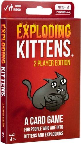 A 2-player card game for people who are into kittens and explosions and laser beams and sometimes goats. This compact 2-player edition of Exploding Kittens lets you go head to head with just one other person, whenever, wherever. Exploding Kittens is a highly strategic, kitty-powered version of Russian Roulette. Draw an Exploding Kitten and you lose. Play and use other cards to make someone else draw the Exploding Kitten, so they lose and you win.
