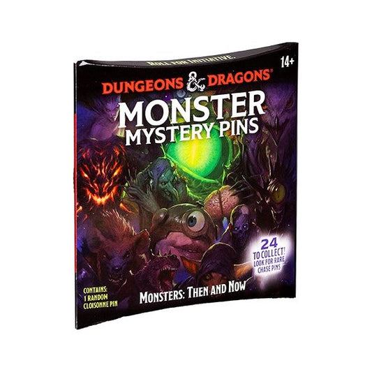 Dive into the rich history of Dungeons Dragons with the DD Monster Mystery Pins collection, featuring iconic monsters from every edition, spanning 1st through 5th. These collectible pins are packaged in randomized blind bags, adding a thrill to each purchase. Four sterling silver-plated chase pins, creating excitement for collectors and newcomers alike. Each pin captures the evolution of DD's beloved monsters, celebrating the games timeless legacy.