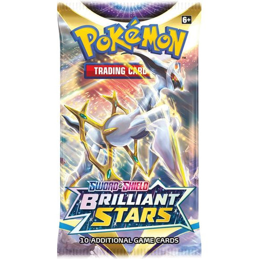 Constellations Align in a Show of Force! Overflowing with light, Arceus VSTAR descends from on high to share its celestial powers with other Pokémon V. Shaymin VSTAR, Charizard VSTAR, and Whimsicott VSTAR find themselves wielding awesome new VSTAR Powers, while Mimikyu VMAX, Aggron VMAX, and Kingler VMAX in its Gigantamax form boast tremendous strengths of their own. Discover glimmering constellations and start your journey toward stellar greatness in the Pokémon TCG: Sword & Shield—Brilliant Stars expansio