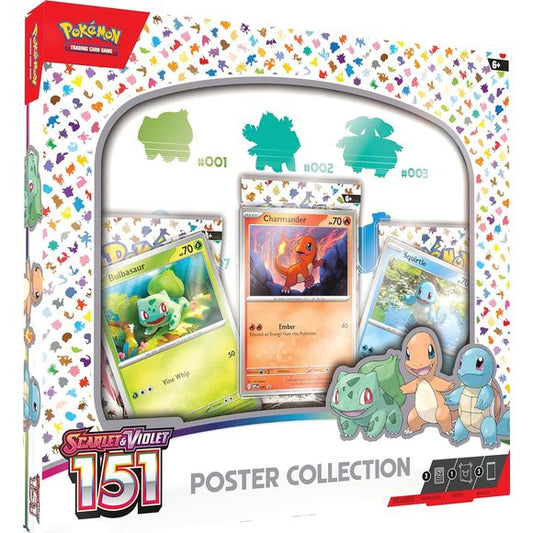 The Pokémon TCG: Scarlet & Violet—151 Poster Collection includes 3 foil promo cards featuring Bulbasaur, Charmander, and Squirtle.
You will also get 3 Pokémon TCG: Scarlet & Violet—151 booster packs and a poster with a Scarlet & Violet—151.
You will also receive a code card for Pokémon TCG Live.