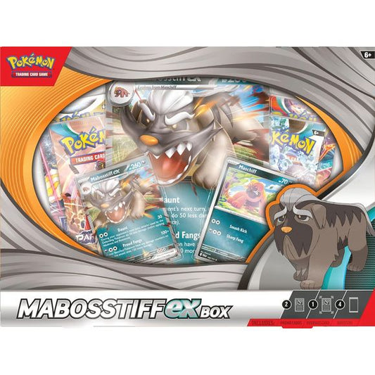 Play Like a Boss - with Mabosstiff ex! Mabosstiff is usually gentle, but it can appear intimidating while protecting its allies! Join forces with this loyal Pokemon and deliver a daunting blow to your opponents. Youll find Mabosstiff ex here as a foil promo card in playable and oversize versions, along with the Rascal Pokemon Maschiff. The Pokemon TCG: Mabosstiff ex Box includes: 1 foil promo card featuring Mabosstiff ex, 1 foil card featuring Maschiff, 1 oversize foil card featuring Mabosstiff ex, 4 Pokemo