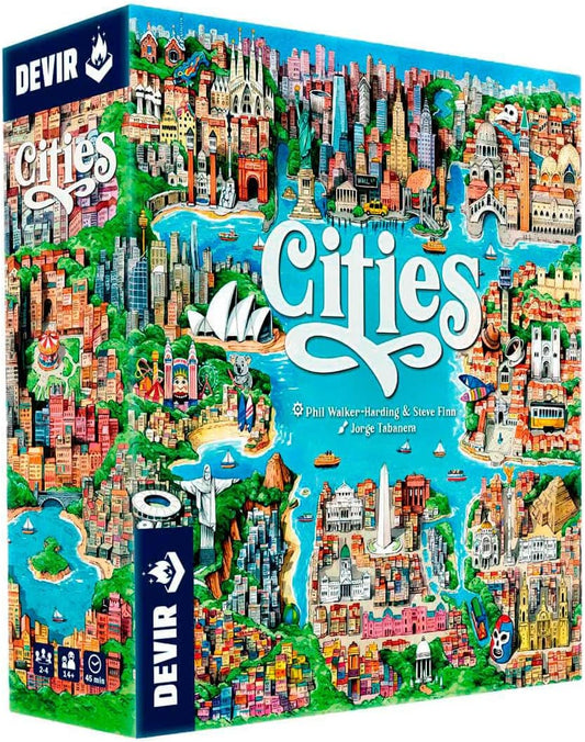 Cities is a city-building game in which you draft the best projects and arrange them in your own playing area. Designed by Steve Finn and Phil Walker Harding and illustrated by Jorge Tabanera, it allows games for groups of 2 to 4 players, ages 10 and up, lasting about 40 minutes. With action and resource draft mechanisms, it will give you the opportunity to visit the cities of Sydney, London, New York, Barcelona, Rio de Janeiro, Lisbon, Mexico City, and Buenos Aires. Can you design the most magnificent neig