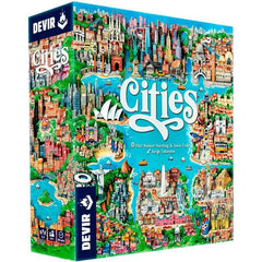Cities is a city-building game in which you draft the best projects and arrange them in your own playing area. Designed by Steve Finn and Phil Walker Harding and illustrated by Jorge Tabanera, it allows games for groups of 2 to 4 players, ages 10 and up, lasting about 40 minutes. With action and resource draft mechanisms, it will give you the opportunity to visit the cities of Sydney, London, New York, Barcelona, Rio de Janeiro, Lisbon, Mexico City, and Buenos Aires. Can you design the most magnificent neig