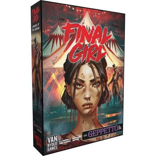 This Feature Film box is not playable by itself and requires you to also own the Core Box. Geppetto - The Puppet Master wanted a family of his own. Using inspiration from his favorite stories and with the help of dark rituals, he decided to make his own. This circus is just a front to find more “new additions” to the family. Will you survive the night in Carnage At The Carnival?

1 Detachable Killer Board, 1 Detachable Location Board, 2 Final Girl Cards, 24 Terror Cards, 3 Dark Power Cards, 1 Epic Dark Powe