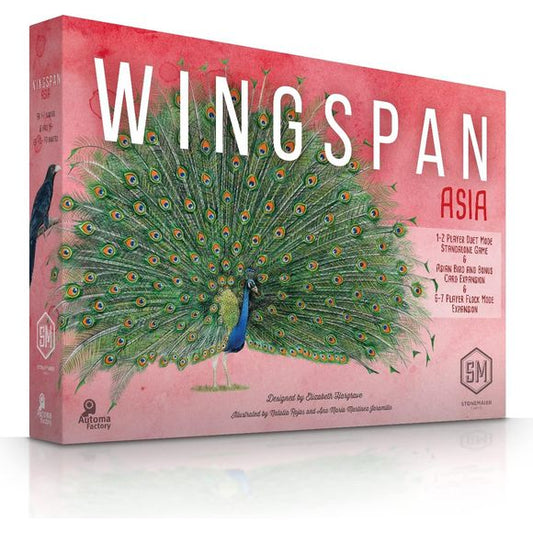 In this third expansion to Wingspan, we welcome new species to our habitats by exploring the vibrant, intriguing, and magnificent birds of Asia.

A new Flock mode is included to expand the base game of Wingspan up to 6 or 7 players. Wingspan Asia is also a stand-alone game for 1 player (solo mode) or 2 players (Duet mode).