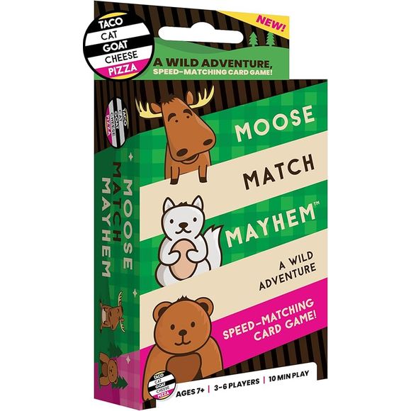 Embark on a wild adventure with Moose Match Mayhem, the speed-matching card game that creates a herd of excitement! Perfect for ages 7 and up, this fast-paced, multi-generational game is ideal for game nights, parties, and on-the-go fun! Chant "Moose! Match! Mayhem!" and race to collect three sets of moose, bears, or squirrels.