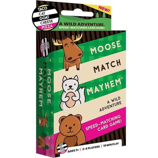 Embark on a wild adventure with Moose Match Mayhem, the speed-matching card game that creates a herd of excitement! Perfect for ages 7 and up, this fast-paced, multi-generational game is ideal for game nights, parties, and on-the-go fun! Chant "Moose! Match! Mayhem!" and race to collect three sets of moose, bears, or squirrels.