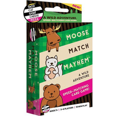 Embark on a wild adventure with Moose Match Mayhem, the speed-matching card game that creates a herd of excitement! Perfect for ages 7 and up, this fast-paced, multi-generational game is ideal for game nights, parties, and on-the-go fun! Chant "Moose! Match! Mayhem!" and race to collect three sets of moose, bears, or squirrels.