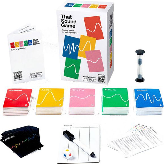 That Sound Game is a fast paced, interactive and very noisy party game. The goal is to get your team to guess as many answers on the category cards as they can in a minute. Use any combination of sounds and movements, but your hands must be behind your back. You also get Lifelines. Use them strategically to help you win.

Players: 2+
Ages: 10+
Time: 30 Minutes