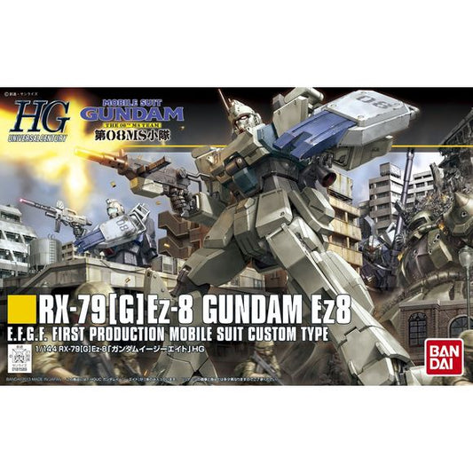 New model of the popular machine from the Ova 08th MS Team features enhanced articulation and new refined proportion. Beam rifle, shield, beam saber and machine gun included. Parachute pack may be interchanged with backpack on HGUC RX79[G] Gundam.