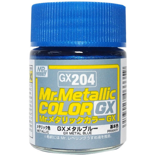 Mr. COLOR paint that features quick drying and strong coating for added appeal. This product displays brighter color development, effectively hides the surface color, and creates a stronger coating. We have also noticed a higher quality finished product without using “toluene” at all. This paint can be mixed with Mr. COLOR currently on the market and used with Mr. COLOR THINNER or LEVELING THINNER for dilution. GX204 Metal Blue Primary. 18ml screw top bottle.