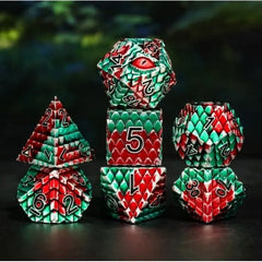 The perfect companion for your gaming needs! These premium die-cast polyhedral dice are exactly what you've been searching for that upcoming game night with the group. Each set weighs roughly 5 ounces and are stored in a quality, brushed metal tin with foam insert. These dice are engraved with crisp, easy-to-read numerals. Many styles and colors are available.

This set includes one of each: d20, d12, d10, d10 (percentile), d8, d6, and a d4 (7 dice in total). All inside a premium Dice Tin.