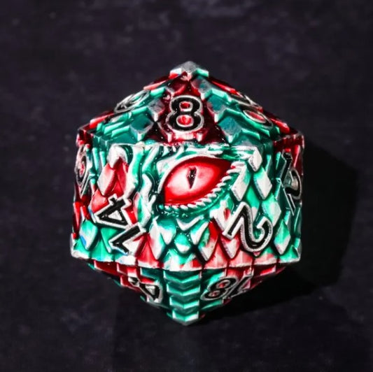 Galactic Dice Premium Dice Sets - Green & Red Dragon Set of 7 Metal Dice with Tin
