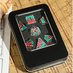 Galactic Dice Premium Dice Sets - Green & Red Dragon Set of 7 Metal Dice with Tin