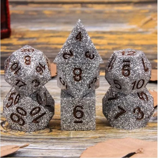 A 7 pcs Polyhedral dice set used for Dungeons and Dragons, MTG , RPG Games etc. The dice included are 1- D4,1- D6,1- D8,1- D10,1- D00,1- D12, and 1- D20